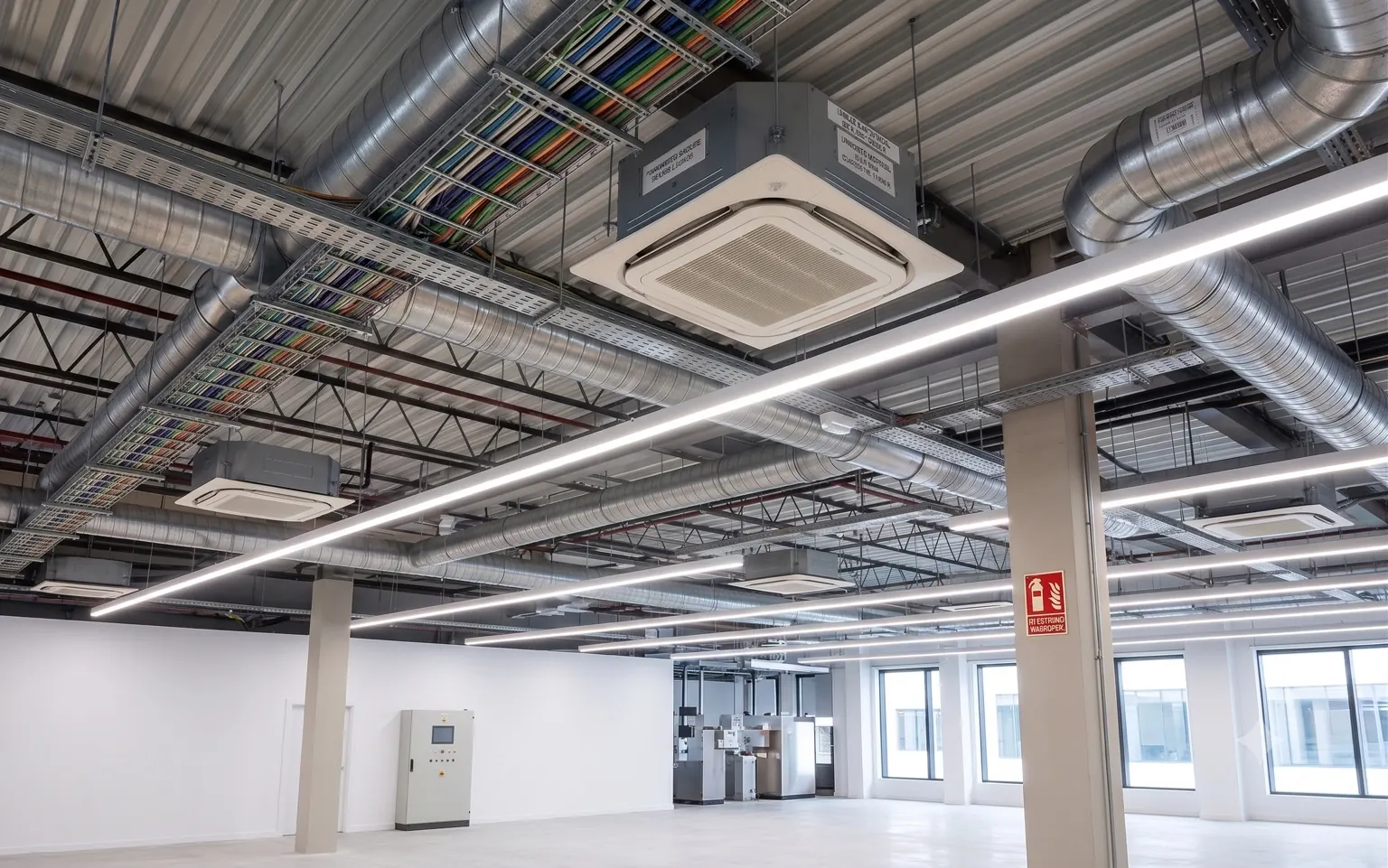 Instalación de climatización comercial con conductos y unidades interiores