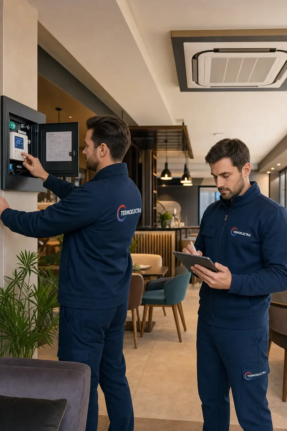 Técnicos de Termoelectra revisando el panel de control de una instalación