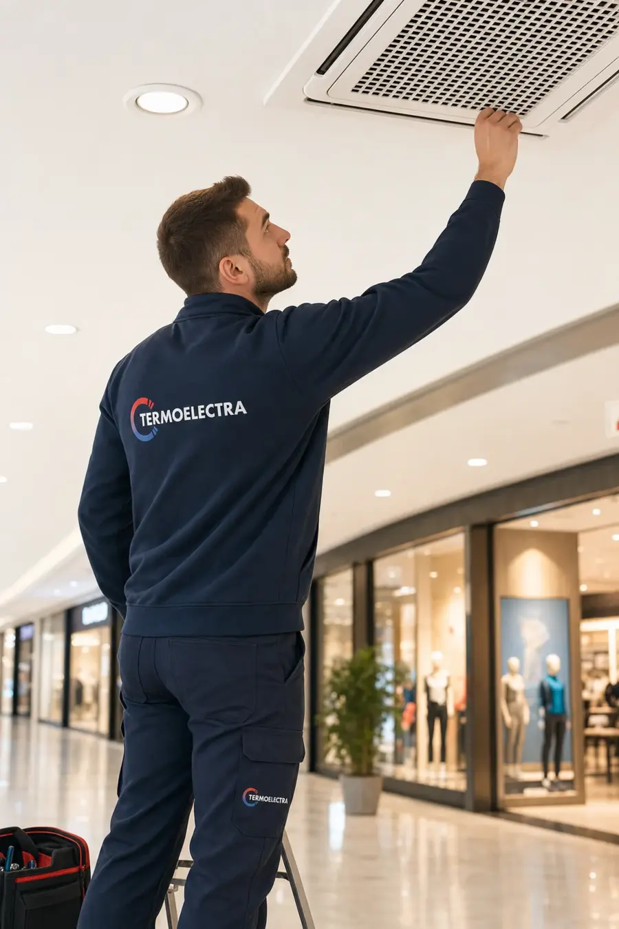 Técnico de Termoelectra revisando una unidad de climatización comercial